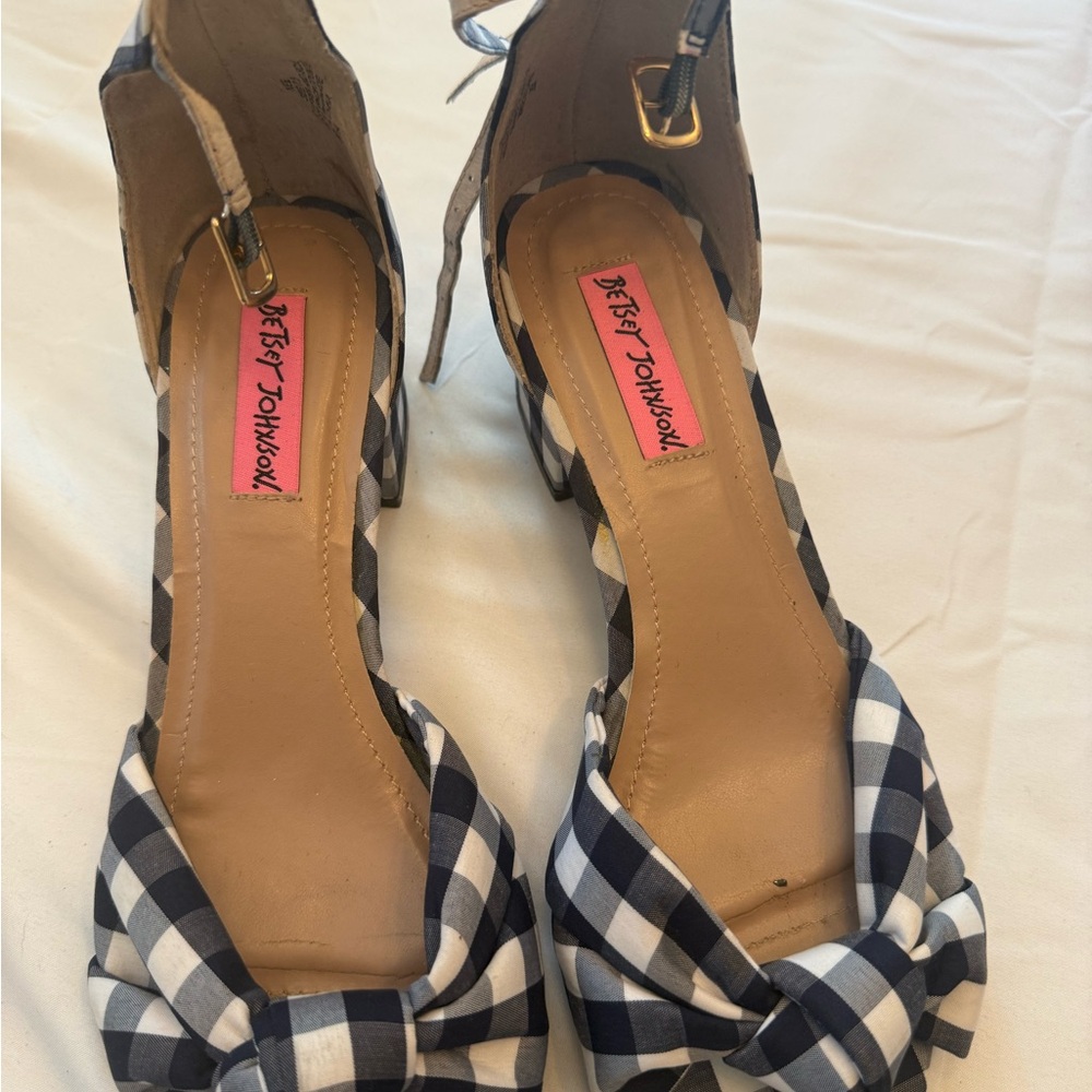 Betsey Johnson Navy and White Gingham Knot Peep-Toe Heels